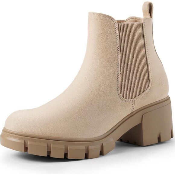 Women's Chelsea Ankle Boots Beige Suede Chunky Heel Lug Sole Elastic Slip on - Picture 1 of 8
